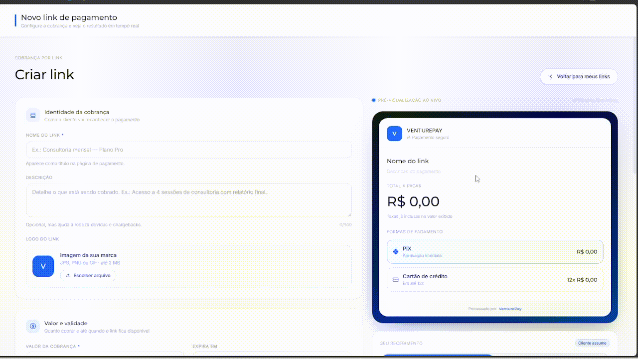 Demonstração em vídeo de como criar um link de pagamento no painel da VenturePay pelo computador
