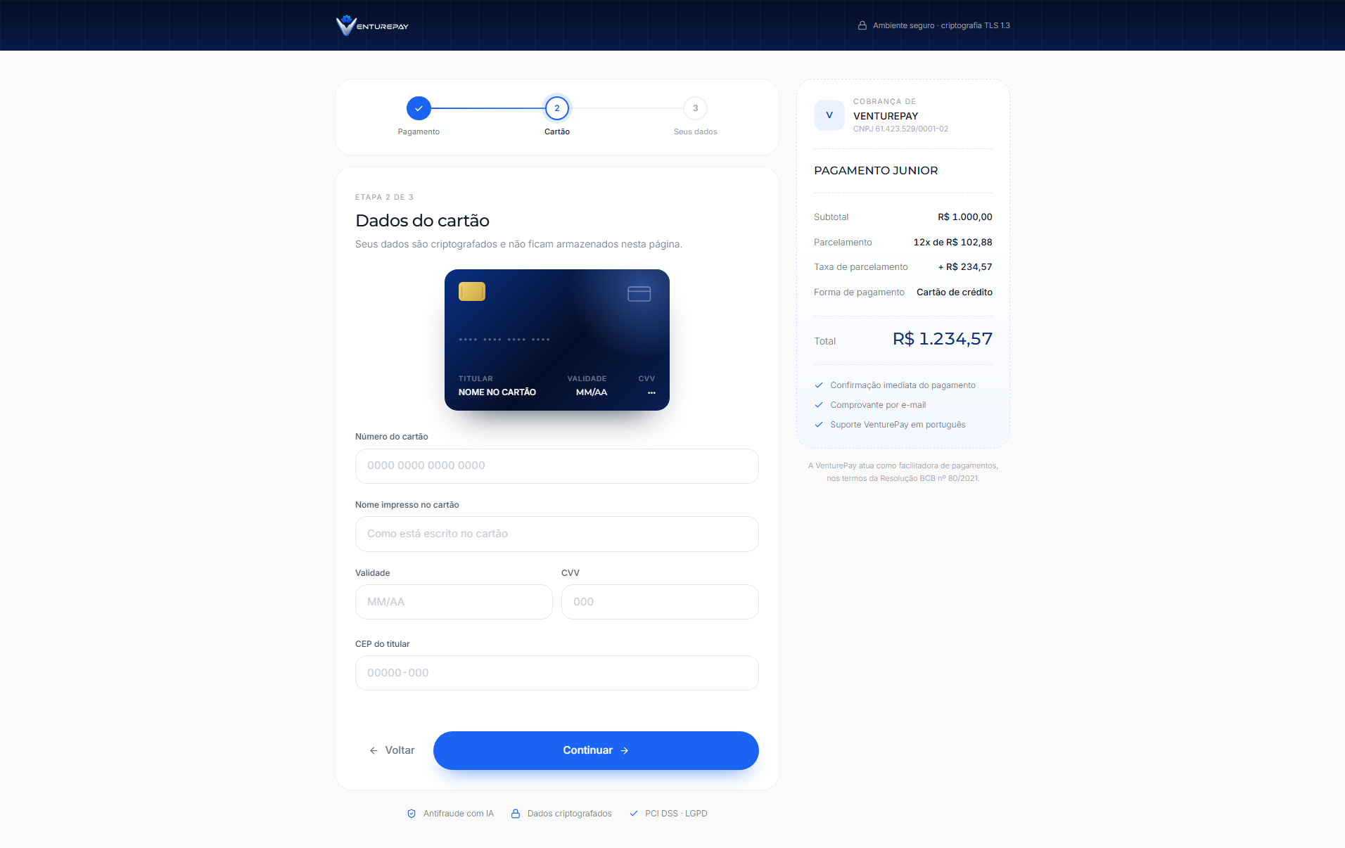 Checkout do link de pagamento VenturePay no computador